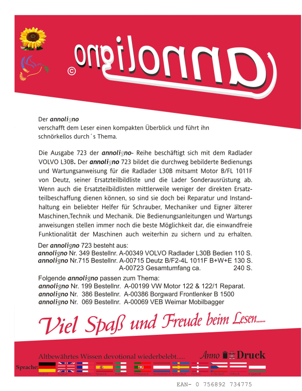VOLVO Radlader/Lader Typ L30B & Deutz Diesel Motor Typ B/F4L 1011F Bild – Bedienungsanleitung & Wartungsanleitung & Bild- Ersatzteilliste - annoligno 723